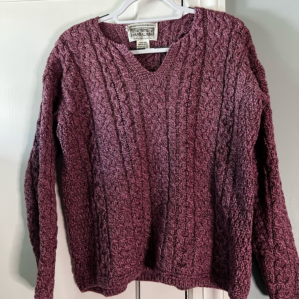 Aran Sweater Market in a beautiful Heather raspberry pink color. Irish Sweater
